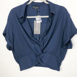 SHINESTAR | NEW Button Down Twist Front Cropped Blouse Navy Blue Women’s Size XL